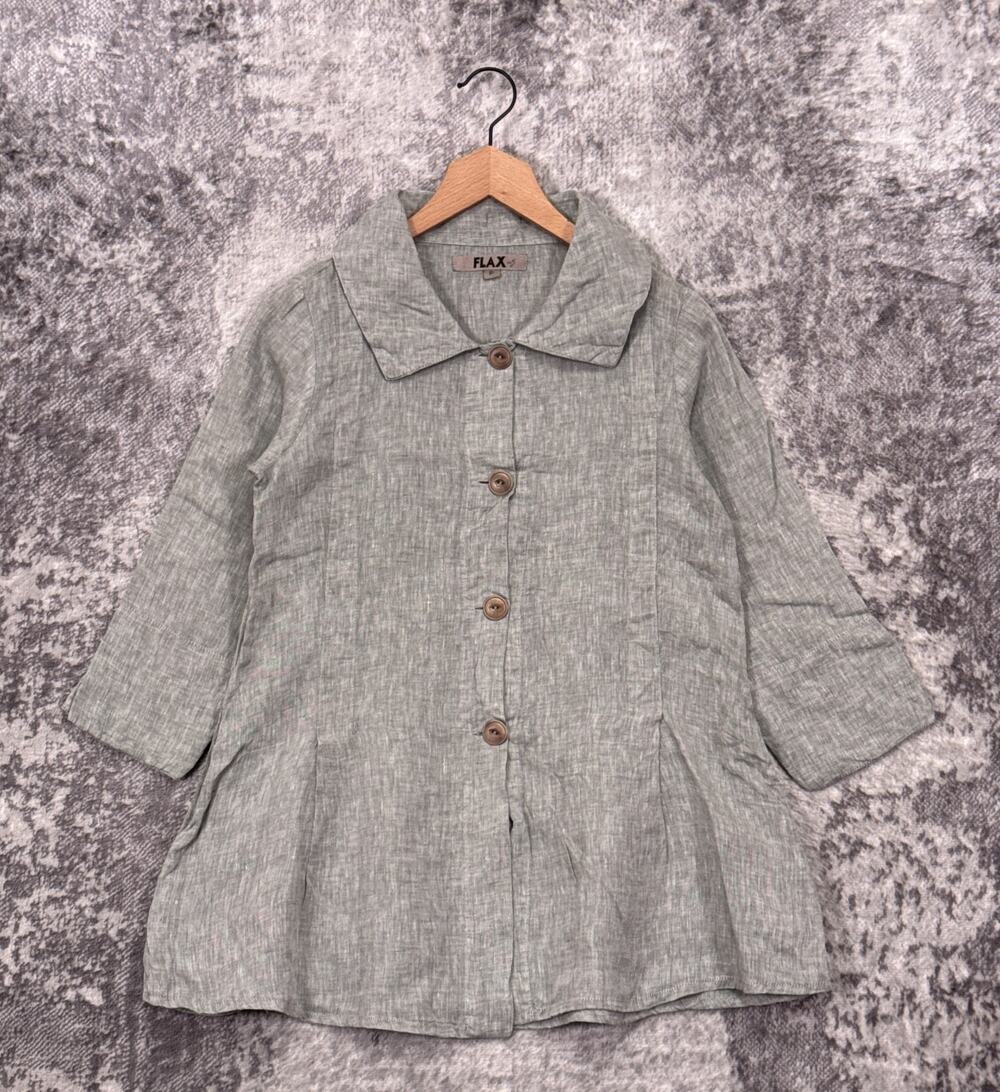 FLAX Top P / US 4 - 6 Womens Green Linen 3/4 Sleeve Button Blouse